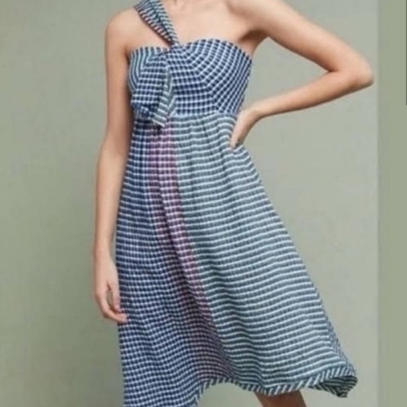 Anthropologie Maeve One Shoulder Waverley Color Block Checkered Dress SIZE 0 - Picture 1 of 7